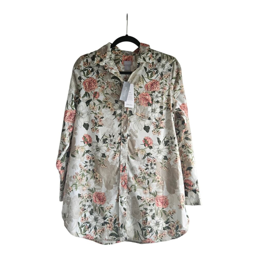Chico’s NWT Womens Size 14 Shirt Button-Up No-Iron Chic Stretch Floral Pocket